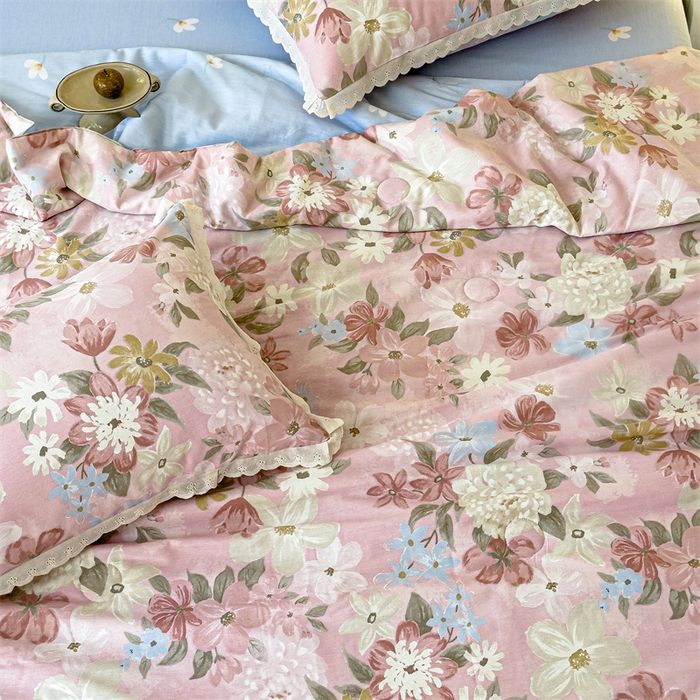 91家纺网 家纺一手货源 找家纺 被窝家纺 2025新款全棉花边大豆夏被四件套 晚色芳莲-粉