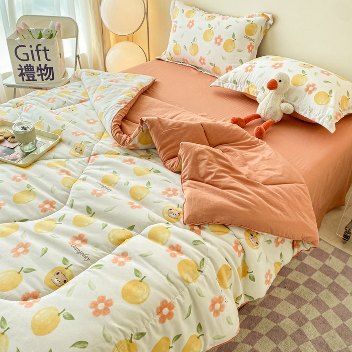 91家纺网 家纺一手货源 找家纺 宜家坊 2025新款水洗棉糯小棉夏被夏被四件套四季被春秋被单人学生双人被子被芯 心想事橙