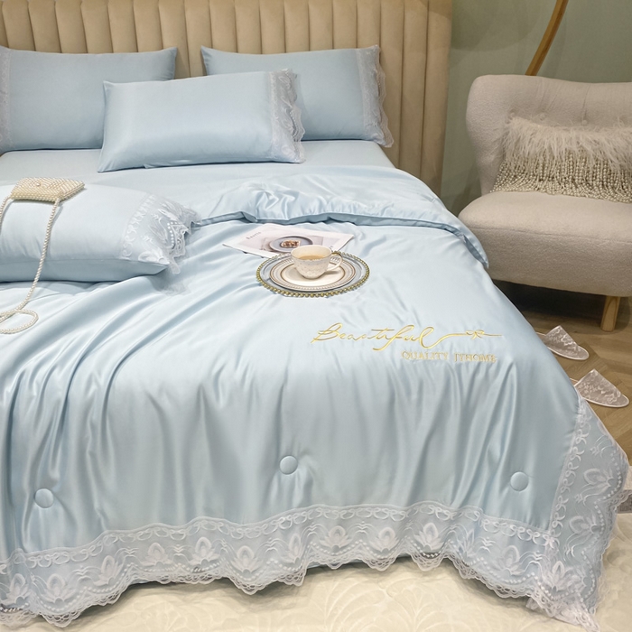 91家纺网 家纺一手货源 找家纺 益多眠 2026新款水洗天丝蕾丝花边夏被四件套轻奢夏被花边夏被-公主风 公主-天空蓝