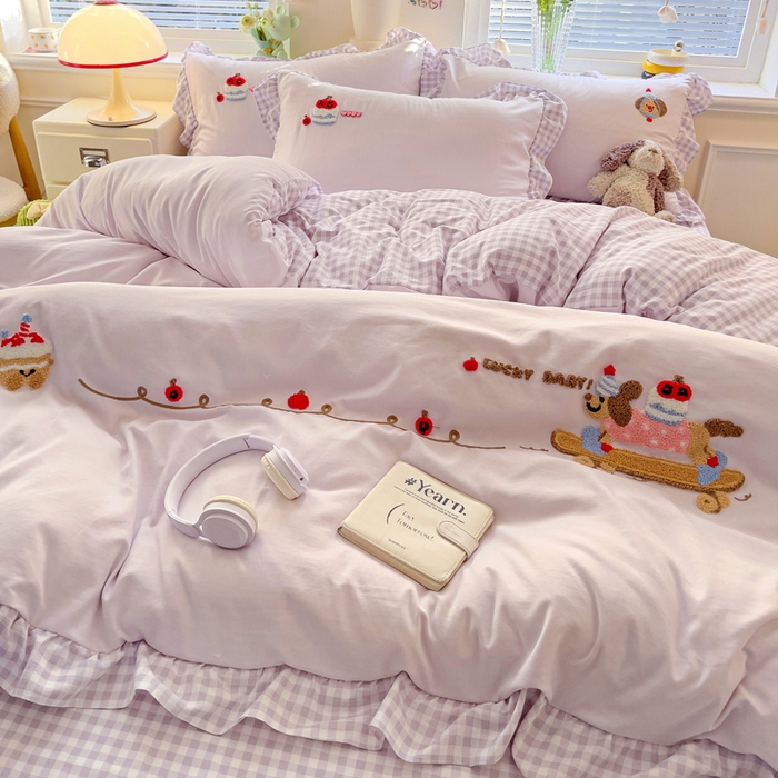 91家纺网 家纺一手货源 找家纺 2025新款高克重立体臻棉法式韩版毛巾绣四件套-腊肠狗 腊肠狗-浅紫