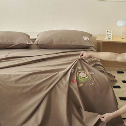寐绸家纺 2025新款纯棉水洗棉纯色绣花单床单 纯棉绣花床单-棕色