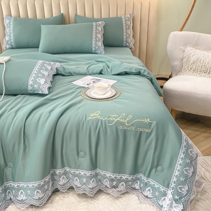 91家纺网 家纺一手货源 找家纺 益多眠 2026新款水洗天丝蕾丝花边夏被四件套轻奢夏被花边夏被-公主风 公主-琉璃绿