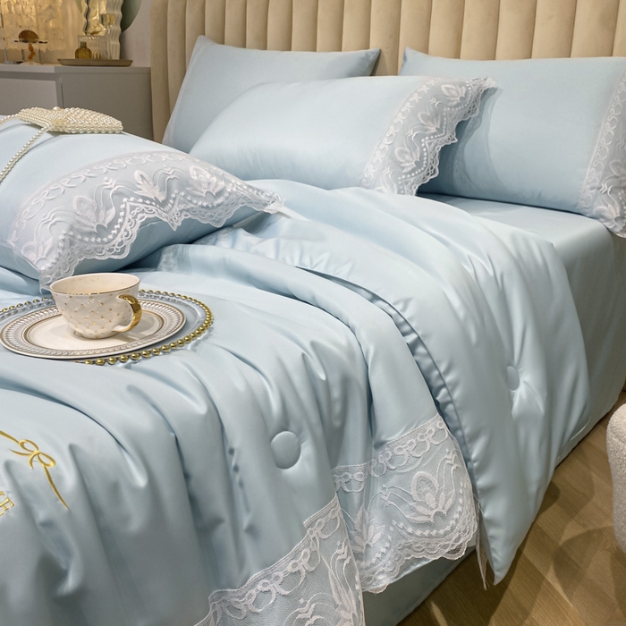 91家纺网 家纺一手货源 找家纺 益多眠 2026新款水洗天丝蕾丝花边夏被四件套轻奢夏被花边夏被-公主风 公主-天空蓝