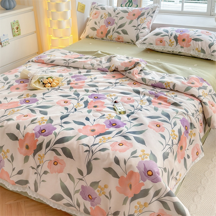 91家纺网 家纺一手货源 找家纺 被窝家纺 2025新款全棉花边大豆夏被四件套 轻纱漫舞