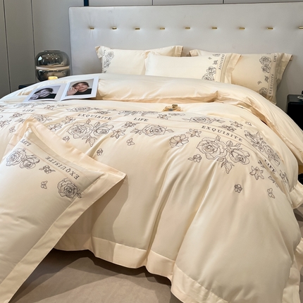 金牛座家纺 2025新款长绒棉全棉刺绣四件套-倾心系列 倾心-奶昔白