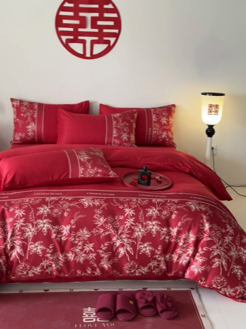 91家纺网 家纺一手货源 找家纺 笙意家纺2025新款水洗冰丝婚庆四件套 花田喜事