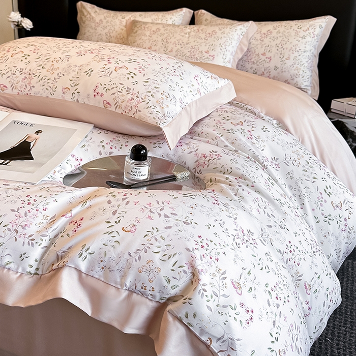 91家纺网 家纺一手货源 找家纺 金阳光家纺 2025新款高级简奢款莱赛尔数码印宽边四件套（带礼盒包装） 吟禾暮