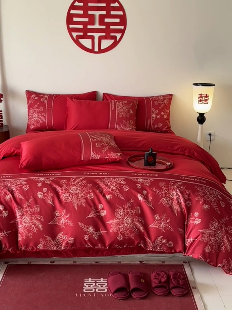 91家纺网 家纺一手货源 找家纺 笙意家纺2025新款水洗冰丝婚庆四件套 锦上添花