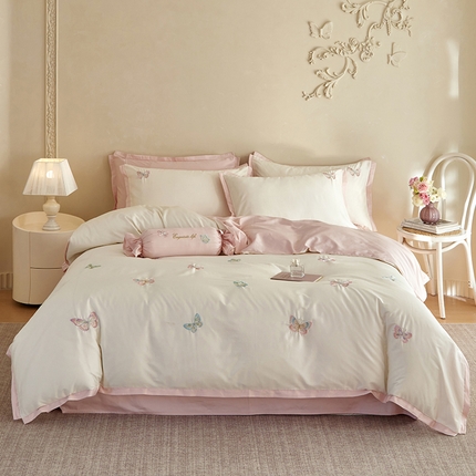 91家纺网 家纺一手货源 找家纺 2025 A类长绒棉刺绣拼角款四件套-悦动 悦动-热恋粉