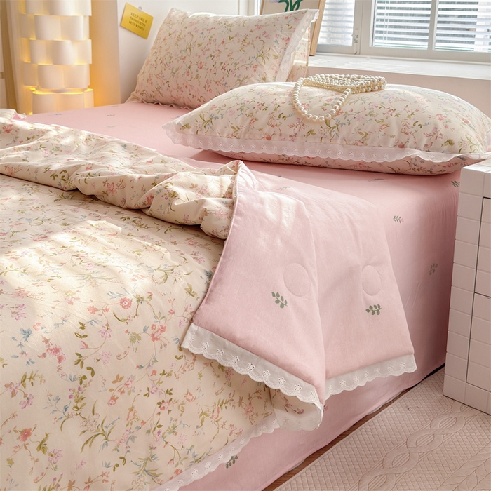 91家纺网 家纺一手货源 找家纺 被窝家纺 2025新款全棉花边大豆夏被四件套 花蔓梦境