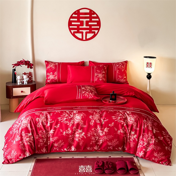 91家纺网 家纺一手货源 找家纺 笙意家纺2025新款水洗冰丝婚庆四件套 比翼双飞