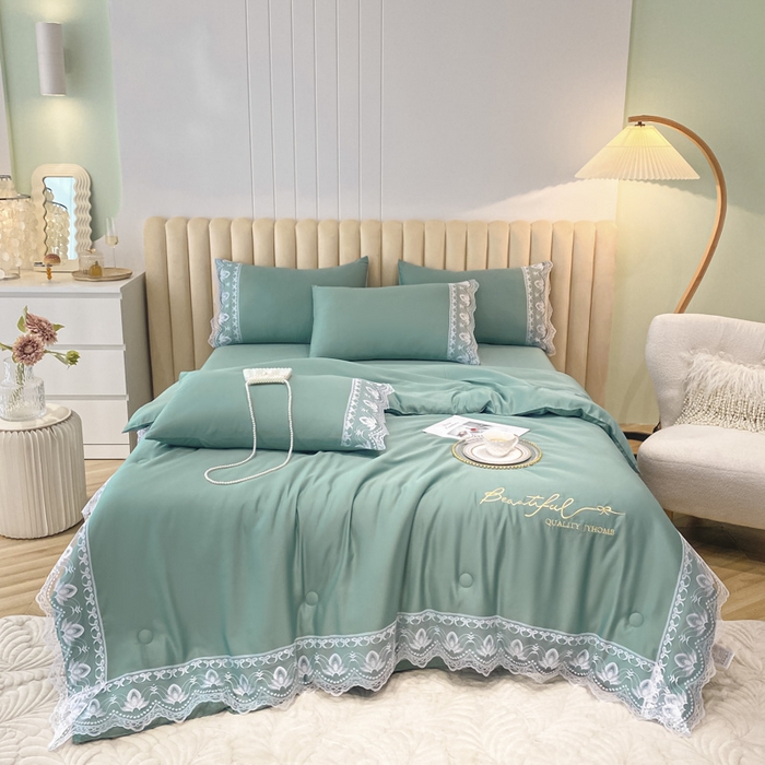 91家纺网 家纺一手货源 找家纺 益多眠 2026新款水洗天丝蕾丝花边夏被四件套轻奢夏被花边夏被-公主风 公主-琉璃绿