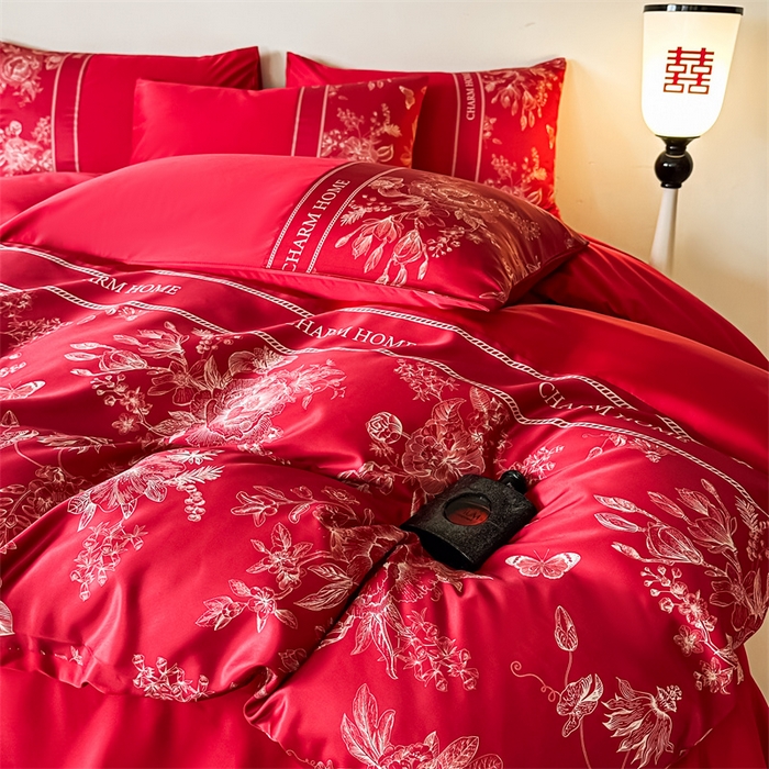 91家纺网 家纺一手货源 找家纺 笙意家纺2025新款水洗冰丝婚庆四件套 比翼双飞