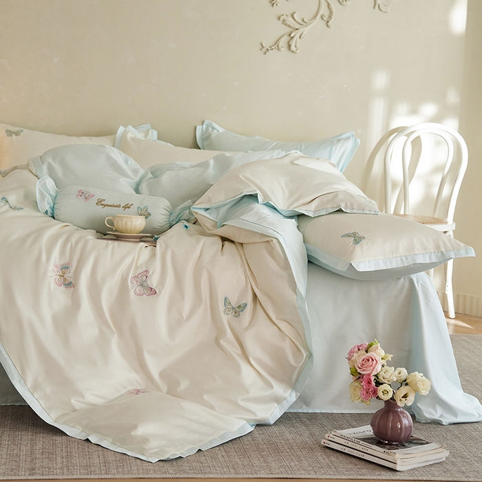 91家纺网 家纺一手货源 找家纺 2025 A类长绒棉刺绣拼角款四件套-悦动 悦动-倾心蓝