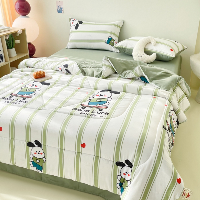 91家纺网 家纺一手货源 找家纺 宜家坊 2025新款水洗棉糯小棉夏被夏被四件套四季被春秋被单人学生双人被子被芯 条纹狗