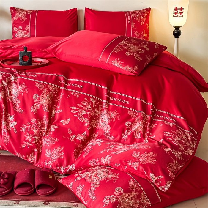 91家纺网 家纺一手货源 找家纺 笙意家纺2025新款水洗冰丝婚庆四件套 比翼双飞