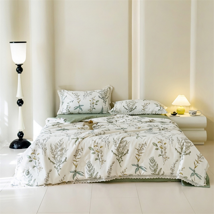 91家纺网 家纺一手货源 找家纺 被窝家纺 2025新款全棉花边大豆夏被四件套 春涧