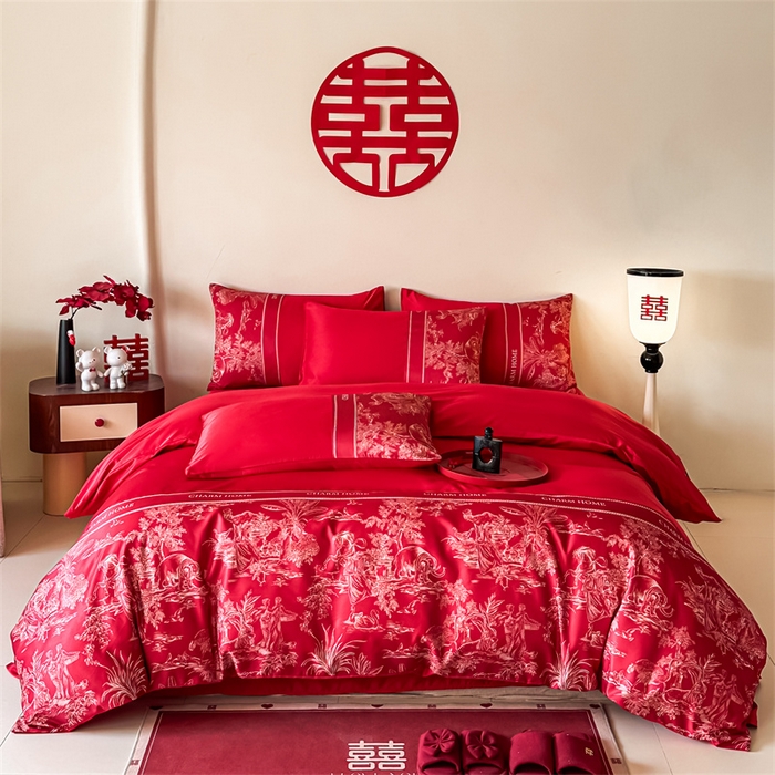 91家纺网 家纺一手货源 找家纺 笙意家纺2025新款水洗冰丝婚庆四件套 心有灵犀