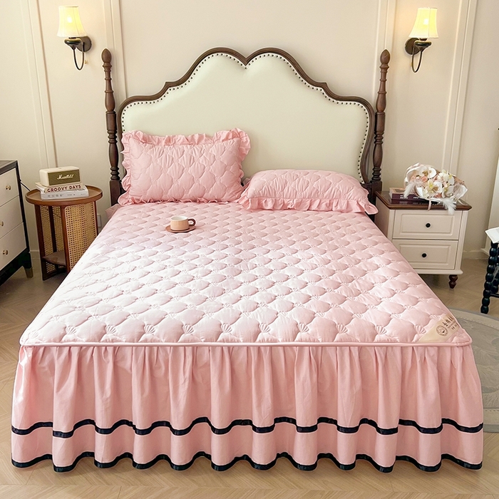 91家纺网 家纺一手货源 找家纺 笠裙2025新款纯棉防水隔尿夹棉加厚床裙-贝壳系列 贝壳胭脂粉