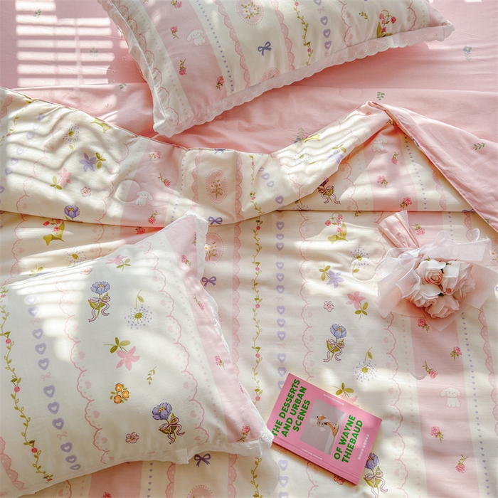 91家纺网 家纺一手货源 找家纺 被窝家纺 2025新款全棉花边大豆夏被四件套 花朵兔兔