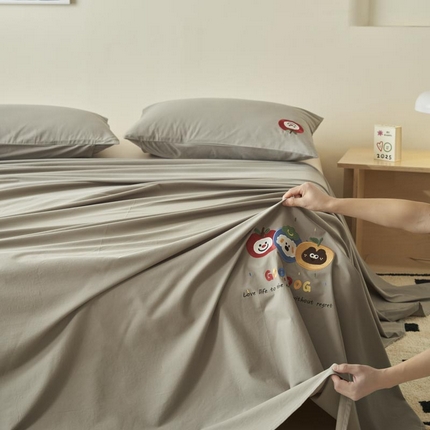 寐绸家纺 2025新款纯棉水洗棉纯色绣花单床单 纯棉绣花床单-浅灰