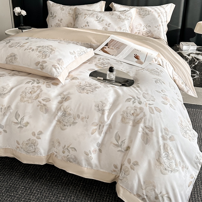 91家纺网 家纺一手货源 找家纺 金阳光家纺 2025新款高级简奢款莱赛尔数码印宽边四件套（带礼盒包装） 蔓艺