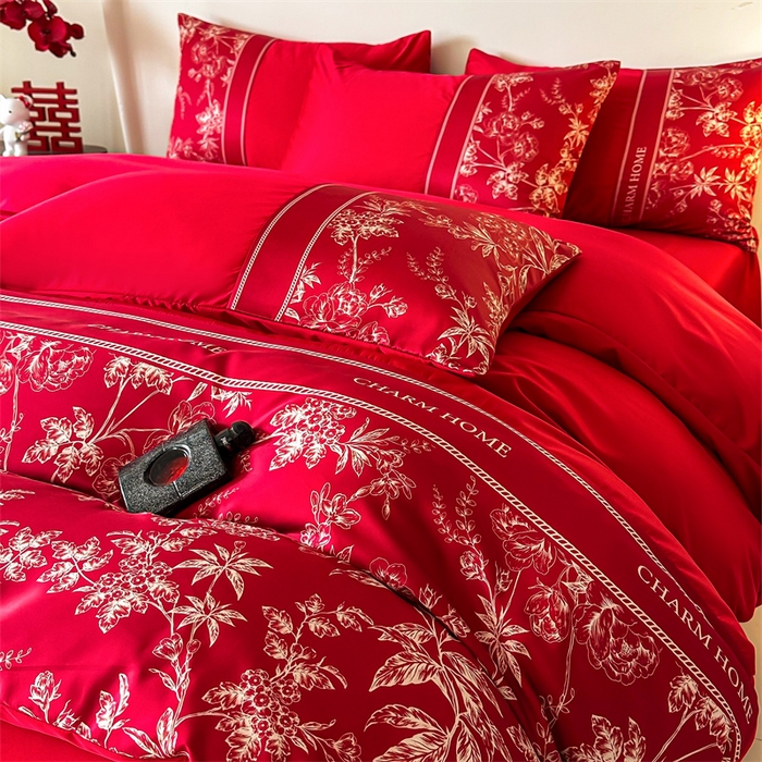 91家纺网 家纺一手货源 找家纺 笙意家纺2025新款水洗冰丝婚庆四件套 花田喜事