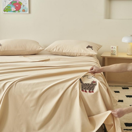 寐绸家纺 2025新款纯棉水洗棉纯色绣花单床单 纯棉绣花床单-杏色