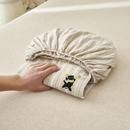 寐绸家纺 2025新款纯棉色织水洗棉竖条单床笠 水洗棉竖条床笠-宽条咖