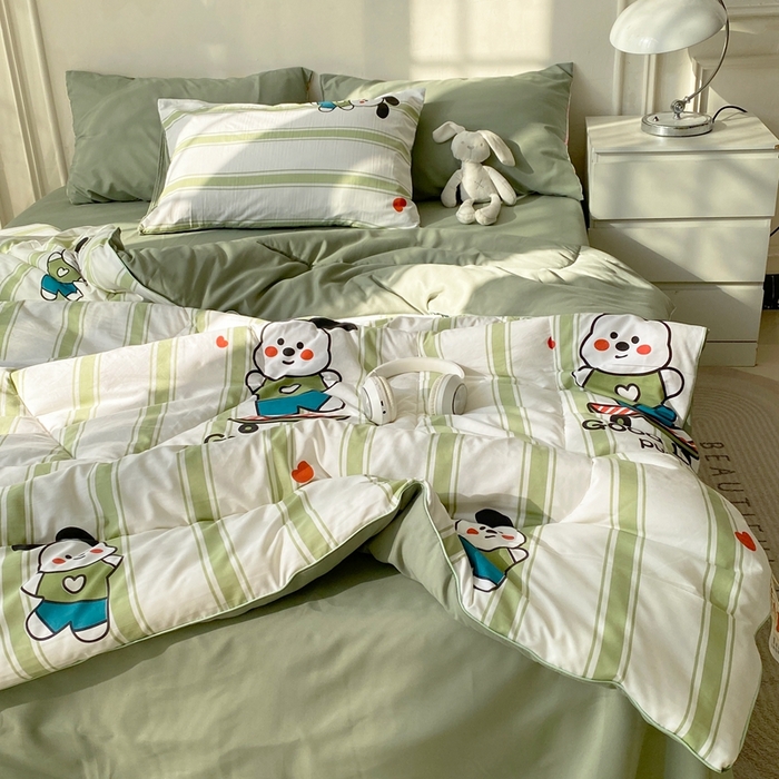 91家纺网 家纺一手货源 找家纺 宜家坊 2025新款水洗棉糯小棉夏被夏被四件套四季被春秋被单人学生双人被子被芯 条纹狗