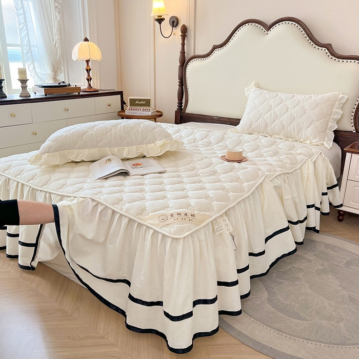 91家纺网 家纺一手货源 找家纺 笠裙2025新款纯棉防水隔尿夹棉加厚床裙-贝壳系列 贝壳奶昔白