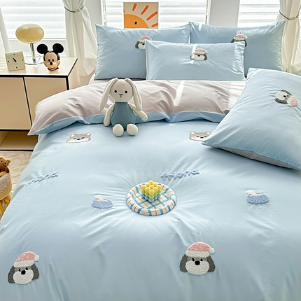 其奥家纺 2025新款毛巾绣全棉四件套水洗棉纯棉 萌萌狗