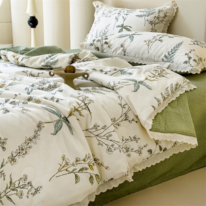 91家纺网 家纺一手货源 找家纺 被窝家纺 2025新款全棉花边大豆夏被四件套 春涧