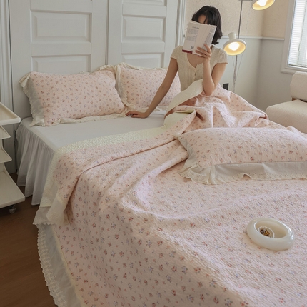 万盛家纺 2025新款全棉水洗花边床盖三件套 瑶香思语粉