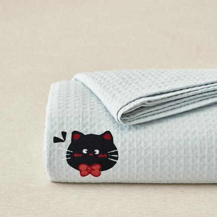 91家纺网 家纺一手货源 找家纺 寐绸家纺 2025新款纯棉华夫格毛巾绣单床笠 绣花华夫格床笠-天蓝