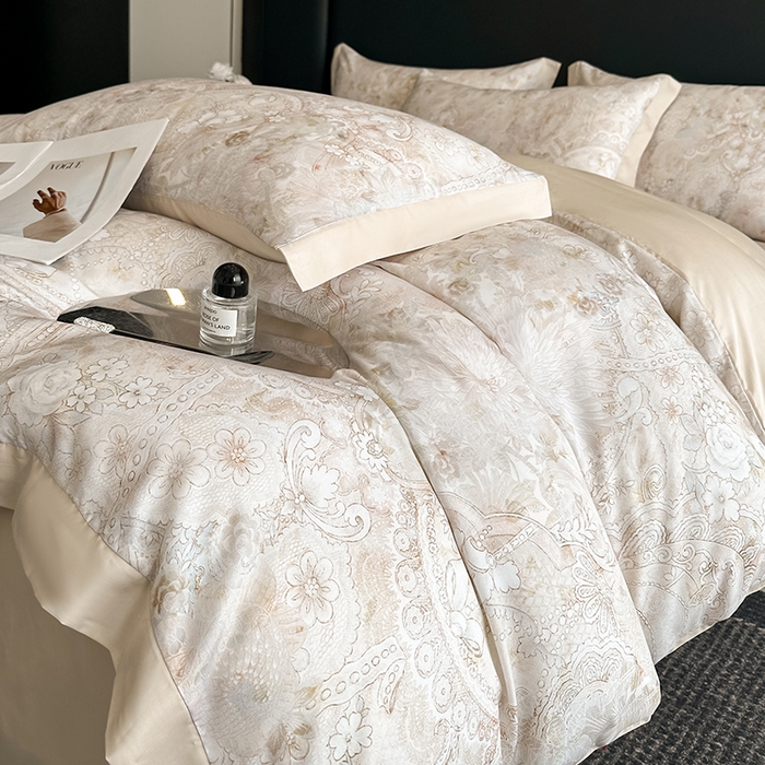 91家纺网 家纺一手货源 找家纺 金阳光家纺 2025新款高级简奢款莱赛尔数码印宽边四件套（带礼盒包装） 春旭恋曲