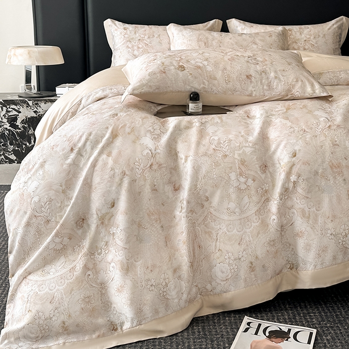 91家纺网 家纺一手货源 找家纺 金阳光家纺 2025新款高级简奢款莱赛尔数码印宽边四件套（带礼盒包装） 春旭恋曲