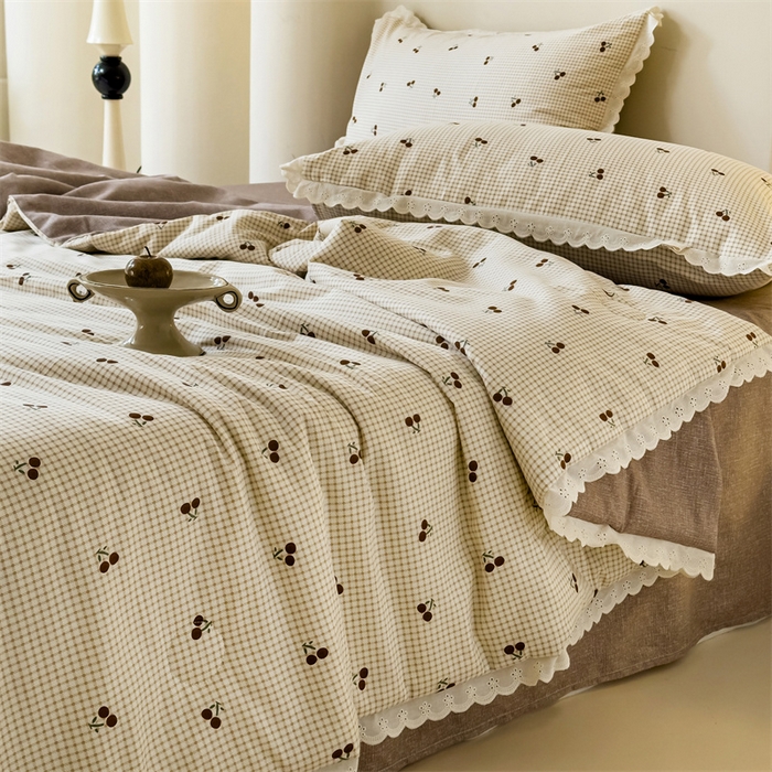 91家纺网 家纺一手货源 找家纺 被窝家纺 2025新款全棉花边大豆夏被四件套 樱姿-米