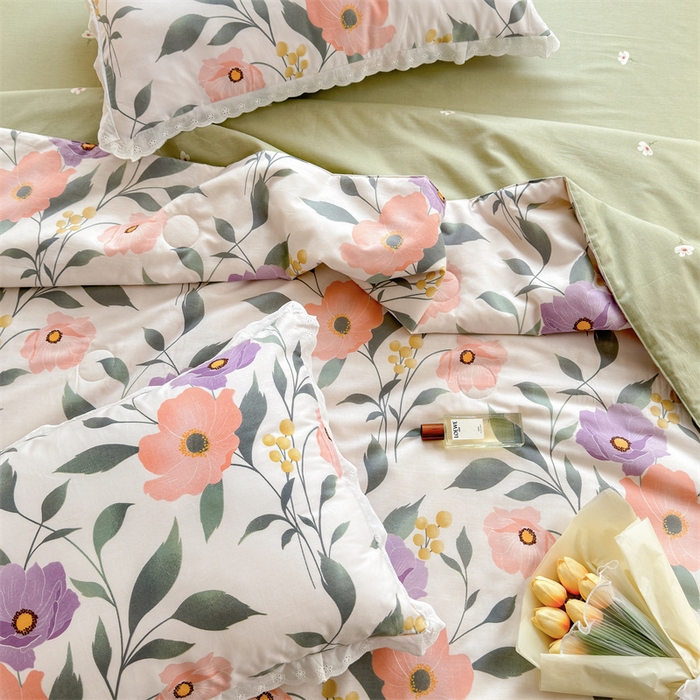 91家纺网 家纺一手货源 找家纺 被窝家纺 2025新款全棉花边大豆夏被四件套 轻纱漫舞