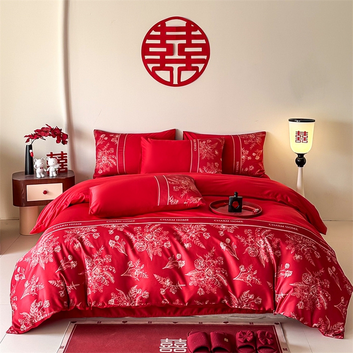 91家纺网 家纺一手货源 找家纺 笙意家纺2025新款水洗冰丝婚庆四件套 锦上添花