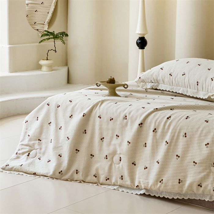 91家纺网 家纺一手货源 找家纺 被窝家纺 2025新款全棉花边大豆夏被四件套 樱姿-米