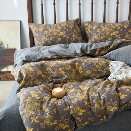 91家纺网 家纺一手货源 找家纺 （总）兰紫橙 2025新款A类全棉色织提花双层纱四件套