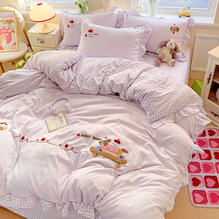 91家纺网 家纺一手货源 找家纺 2025新款高克重立体臻棉法式韩版毛巾绣四件套-腊肠狗 腊肠狗-浅紫