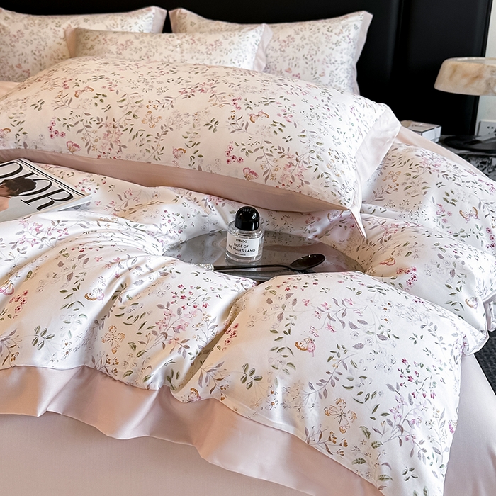 91家纺网 家纺一手货源 找家纺 金阳光家纺 2025新款高级简奢款莱赛尔数码印宽边四件套（带礼盒包装） 吟禾暮