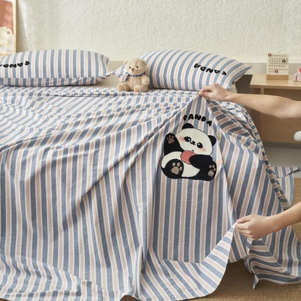 寐绸家纺 2025新款纯棉色织水洗棉竖条单床单 水洗棉竖条床单-竹条蓝