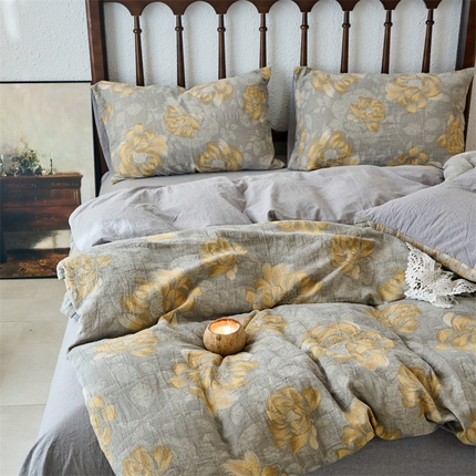 91家纺网 家纺一手货源 找家纺 （总）兰紫橙 2025新款A类全棉色织提花双层纱四件套