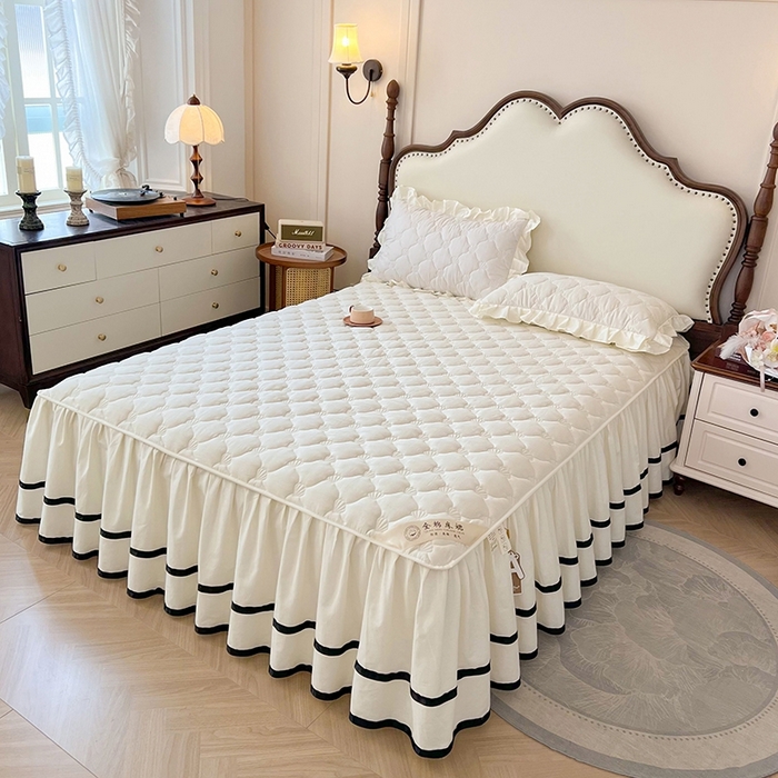 91家纺网 家纺一手货源 找家纺 笠裙2025新款纯棉防水隔尿夹棉加厚床裙-贝壳系列 贝壳奶昔白