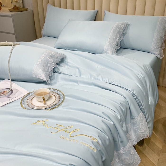 91家纺网 家纺一手货源 找家纺 益多眠 2026新款水洗天丝蕾丝花边夏被四件套轻奢夏被花边夏被-公主风 公主-天空蓝