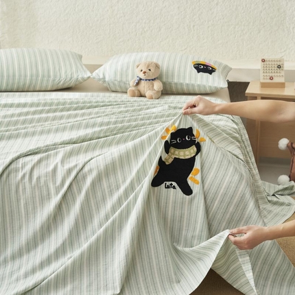 寐绸家纺 2025新款纯棉色织水洗棉竖条单床单 水洗棉竖条床单-宽条浅蓝