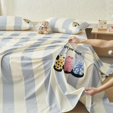 寐绸家纺 2025新款纯棉色织水洗棉竖条单床单 水洗棉竖条床单-粗条浅蓝